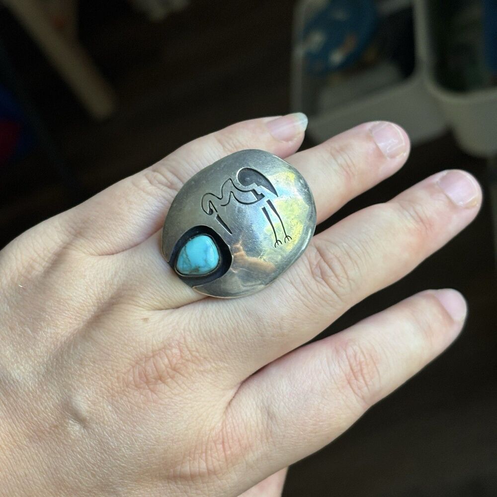 RARE! Vintage Native American Sterling Silver Turquoise Crane Bird Ring Sz 7 - Picture 4 of 7